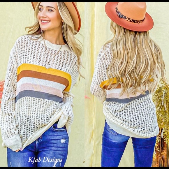 New! Clearance Colorblock Eyelet Hole Striped Lightweight Long Sleeve Sweater - Picture 7 of 9